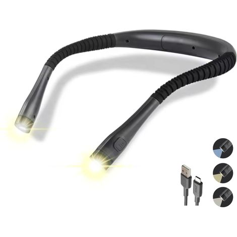 Lampe de cou LED pour lire au lit, 3 couleurs, 6 niveaux de luminosité, bras flexibles, rechargeable, type C, USB, longue durée de vie de la batterie, tricot, camping, réparation, noir (1/5)