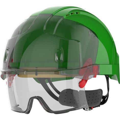 Casque de Chantier Sur-Lunette JSP EVO VISTAlens Ventile - Visière Fumee Retractable - Harnais Cremaillère - Jaune - EN397/EN166 (1/2)