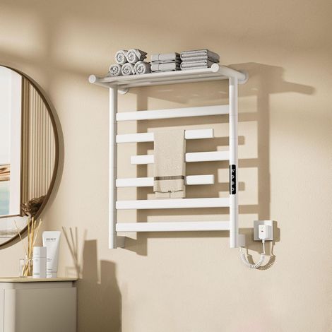 Sèche-Serviette Électrique,550×660 mm chauffe serviette salle de bain,Support de stockage chauffé sur le dessus,Avec minuterie,contrôle de température,rotation à 180° sèche serviette,Blanc-droit (1/5)