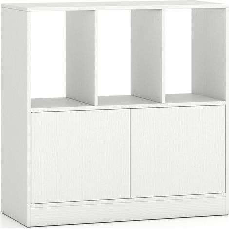 Bibliothèque 3 niveaux avec placard rangement & étagère d'exposition moderne en bois composite blanc