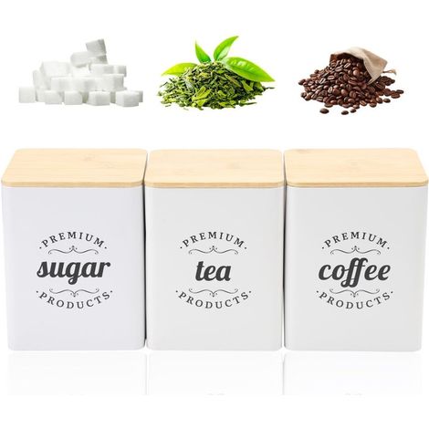 Lot de 3 Cuisine Boîtes de Rangement, 1300ml Boite Hermetique Alimentaire avec Couvercles en Bois, pour Ranger Vos Sachets de Thé, Cubes de Sucre et Grains de Café