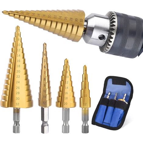 HSS-Stufenbohrer-Set 4-12 mm, 4-20 mm und 4-32 mm, titanbeschichtet, zum Bohren von Holz und Metall. (1/5)