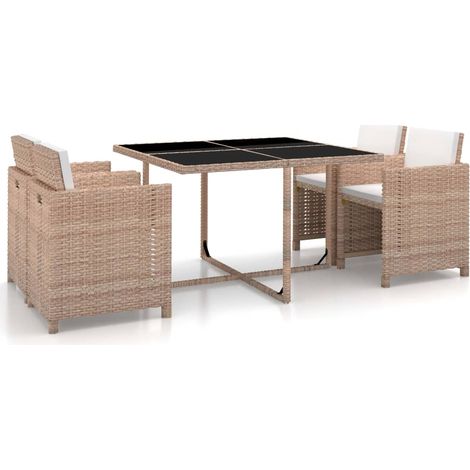 5-tlg. Garten-Essgruppe mit Auflagen Poly Rattan Beige