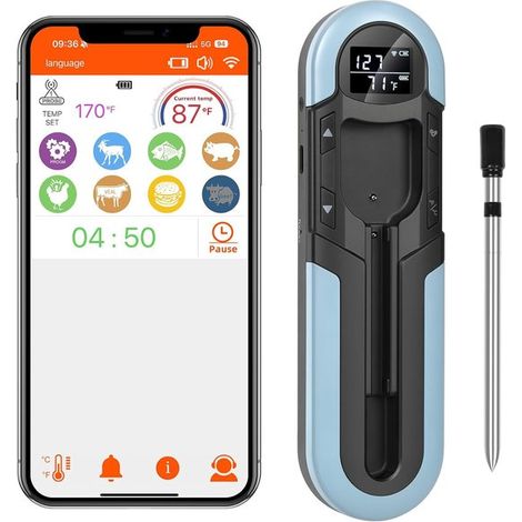 Termometro per carne wireless con Bluetooth, termometro digitale con funzione radio integrata per la cucina, due sensori, impermeabile (IP66) (1/5)