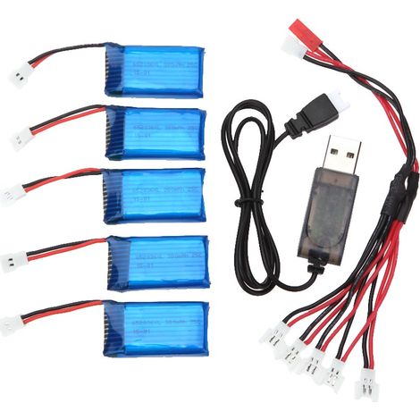 Lot de 5 batteries LiPo rechargeables 3,7 V 380 mAh 25C avec câble de charge USB 2 à 5 pour drone Hubsan H107L H107C