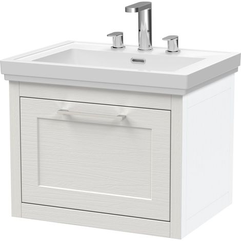 Blithbury Traditional Bathroom Wall Hung 1 Drawer Vanity Unit and 3 Tap Hole Fireclay Basin, 600mm, Woodgrain White (1/5)