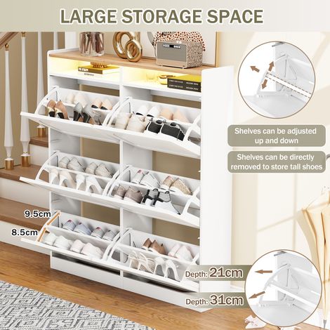 Armoire à chaussures moderne, dotée de 6 compartiments coulissants. Elle est équipée également d’un éclairage LED,Idéale pour les entrées ou les couloirs. Couleur : blanc naturel. Dimensions : B120/H1