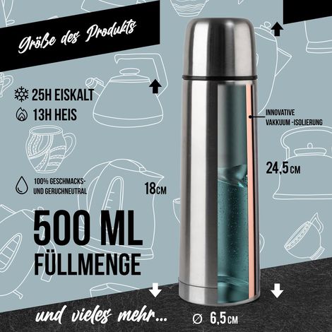 Bouteille thermos en acier inoxydable avec gobelet thermos à double paroi anti-fuite, lave-vaisselle & sans BPA garde les boissons chaudes & froides (Argent, 500 ml) (1/5)