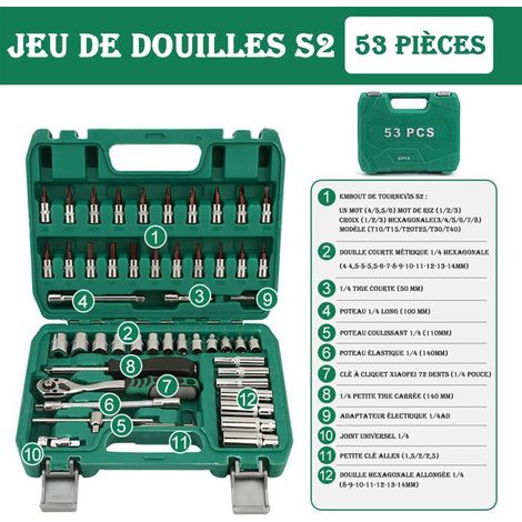 Jeu De Clés Douille 53 Pièces,Tige D'extension,Clé À Cliquet Multifonction,Jeu D'outils Manuels De Réparation De Voiture Et De Moto (1/4)