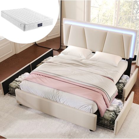 Letto imbottito LED con 4 cassetti, testiera regolabile, 160x200 cm, beige (1/5)
