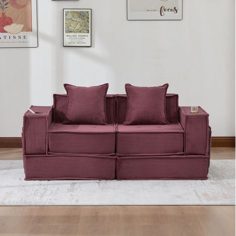 Canapé 2 places en velours côtelé rouge bordeaux 162x78x66 cm avec 2 coussins et poches latérales (1/5)