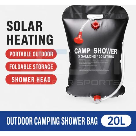 Sac de douche solaire portable (20 L) pour le camping, avec pommeau de douche et sac de rangement d'eau pliable pour la randonnée, les voyages et le camping. (1/4)