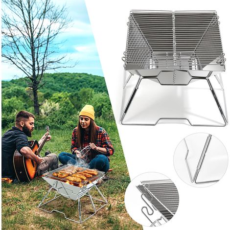 Jiubiaz Faltbarer Lagerfeuer-Grill Mobiler Tragbarer Holzkohlegrill 304 Edelstahl für das Kochen im Freien