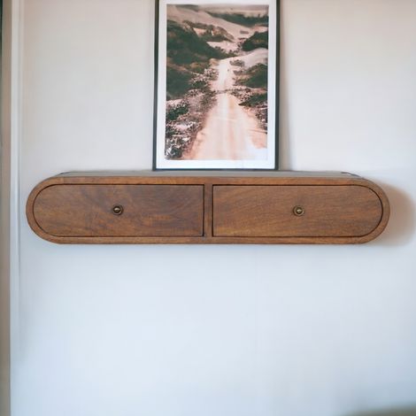 Console murale flottante en bois massif, 2 tiroirs, couleur châtaignier, finition marron foncé (1/5)