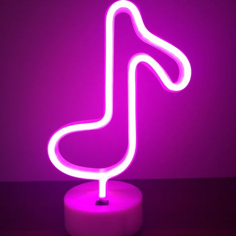 Lampe néon LED en forme de note de musique - Alimentée par USB et piles - Avec base - Pour chambre à coucher, Noël, mariage, anniversaire - Rose