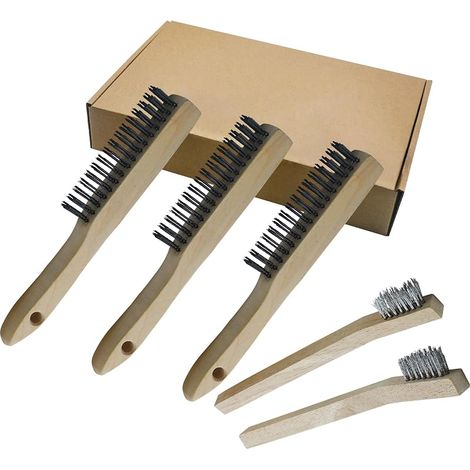 Lot de 5 brosses à fil manuel avec manche en bois, 3 grandes brosses en acier inoxydable de 250 mm, 2 petites brosses en acier inoxydable de 205 mm, brosse en métal pour métal, bois, barbecue (1/5)