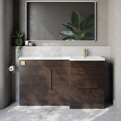 Napoli 390 Brown Oak 1500mm 2 Drawer Vanity Unit Toilet Suite with Right Hand Square Lucia Basin - 1500mm - Brushed Brass 320mm HandleWithout Kingston Toilet Pan