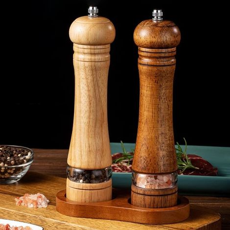 8-Zoll-Salz- und Pfeffermühle, Gewürzmühle aus Holz mit Keramikmahlwerk, einstellbarer Mahlgrad, zweiteiliges Set, manuell, klare Beschichtung. (1/5)