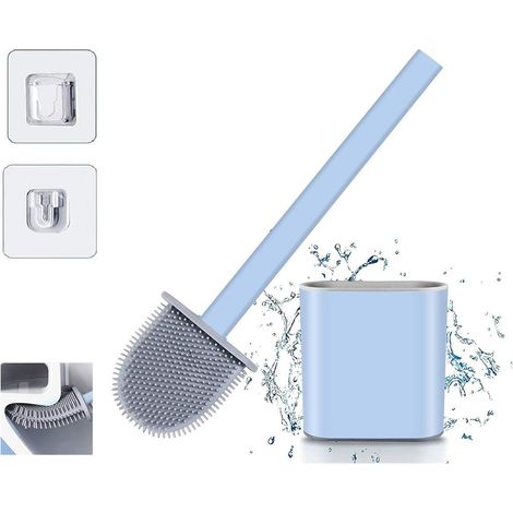 Brosse de toilette en silicone avec support, brosse de toilette antibactérienne avec long manche en plastique antidérapant (bleue) (1/5)