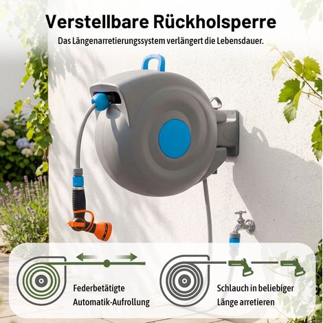 Enrouleur mural de tuyau d'arrosage 30 m avec pistolet 9 fonctions, pivotant 180°, résistant UV et gel, bleu (1/5)