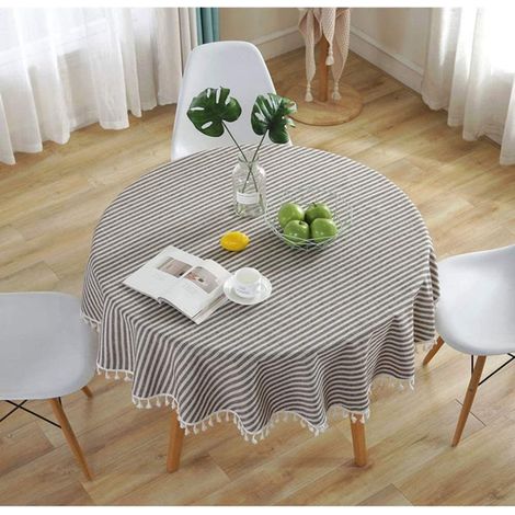 Nappe Ronde Japonaise, Tissu de Lin Couverture de Table Simple Nappe À Franges Rayée Décor de Table Géométrique Avec Glands Pour Table Ronde de Cuisine/B/150 × 150CM (1/5)