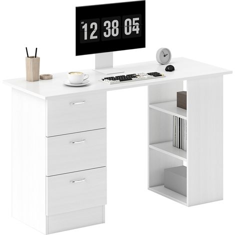 Scrivania Porta PC con 3 Cassetti e 3 Ripiani, Scrivania per Camera e Ufficio in Legno 120x49x72cm Bianco
