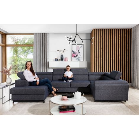 Canapé panoramique convertible - ESTEVE - en tissu prestige luxe gris, 7 places, partie sans accoudoir à gauche (vu de face) (1/5)