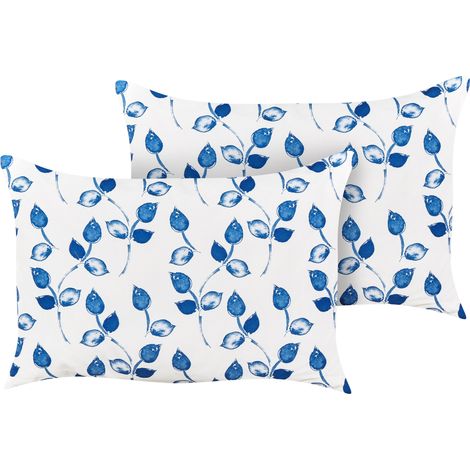 Conjunto de 2 cojines de jardín almohada de exterior 40 x 60 cm poliéster motivo hojas blanco y azul Torbora