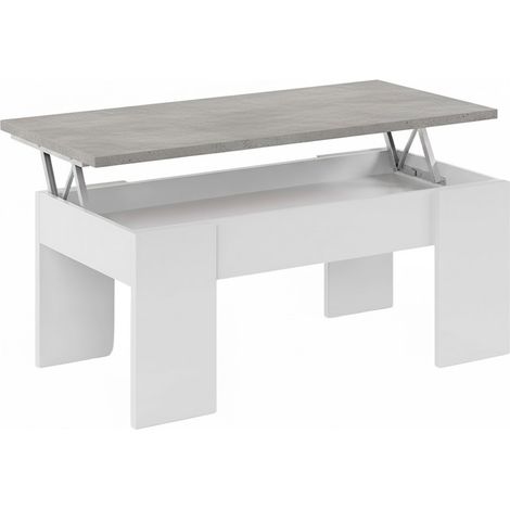 Tavolino Da Caffè Sollevabile Con Contenitore Tavolo Salvaspazio Con Piano Alzabile Per Soggiorno E Salotto Vano Portaoggetti Da Interno Mangiare Lavorare 100 x 69 x 57 Cm Bianco E Grigio Cemento