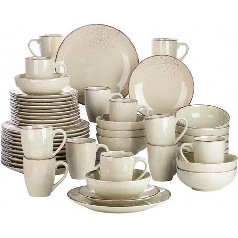 Tafelservice Set für 12 Personen, Steingut Kombiservice 48-teilig, Vintage Natur Design, Beige (1/5)