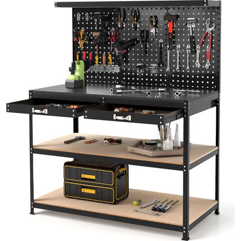 COSTWAY 121 x 61 CM Workbench Heavy-Duty Work Table w/3 PCS Pegboard-Black (1/5)