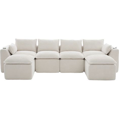Canapé modulaire 4 places avec 2 poufs, coussins, porte-gobelets, 2 poches latérales, mousse/ressorts, à rebond rapide. Modulable librement – idéal pour le salon, les bureaux, etc. (tissu côtelé beige (1/5)