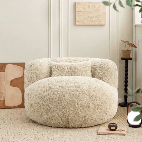 Fauteuil pouf 1 place, pouf compressé, Avec oreiller, mousse haute densité,beige