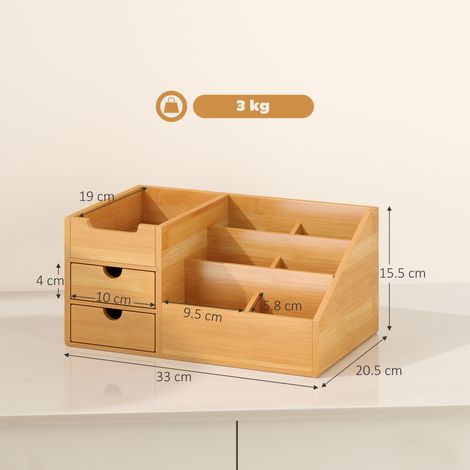 Organiseur de bureau en bambou (avec 2 tiroirs et 7 compartiments de rangement), 33 x 20,5 x 15,5 cm (1/5)