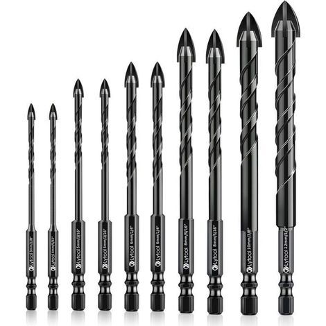 Glass Drill Bit, Tile Drill Bit, 10-Piece Glass Drill Bit Set, Drill Bits for Glass Tiles, Ceramic Drill Bits, with Hex Shank, for Drilling Holes in Glass and Ceramic Tiles (1/5)