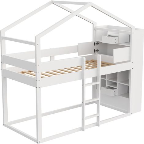 Lit superposé 90×200 cm, les deux niveaux avec rangement, conforme à la norme EN747, avec sommier à lattes, lit junior, lit simple, pin, blanc (sommier à lattes uniquement sur le niveau supérieur) (1/5)