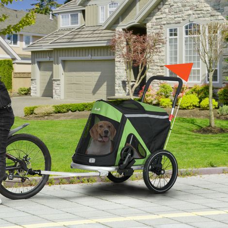 Remorque 2-en-1 Dog Buggy Dog Jogger Bike Bike - 1 laisse de sécurité - Vert - 150 x 68 x 95 cm - 2 réflecteurs
