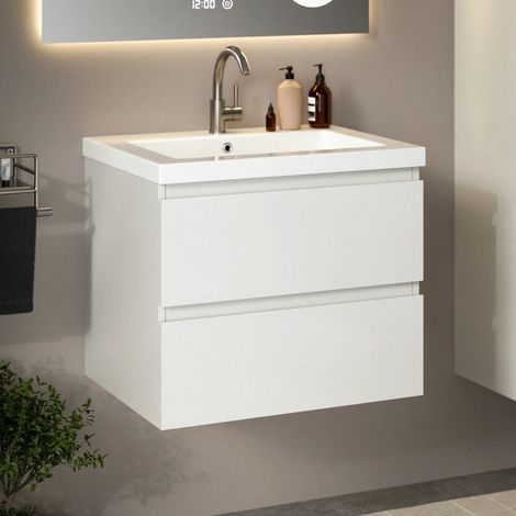 Karo Badezimmermöbel Weiß mit Keramikwaschbecken 60 cm – Wandhängender Waschtischunterschrank – Schubladen mit Soft-Close-Funktion – Feuchtigkeitsbeständig – Pflegeleichte Oberfläche – Großzügiger Sta (1/5)