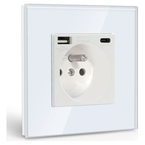 Prise murale avec USB et Type C – Charge rapide 2,1 A – Panneau en verre trempé – Protection contre les surtensions – Installation facile (1/5)
