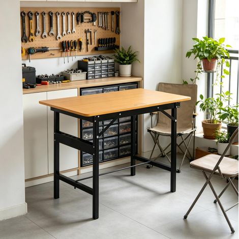 Banco da lavoro pieghevole 100 × 60 × 75,5 cm, piano in MDF con righello e goniometro, vani per attrezzi, portata 100 kg, nero e giallo  FLORAGRACE (1/5)
