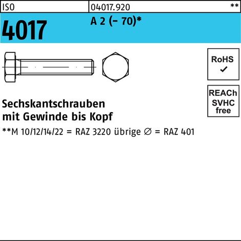Sechskantschraube ISO 4017 VG M16x 40 A 2 (- 70) 50 Stück