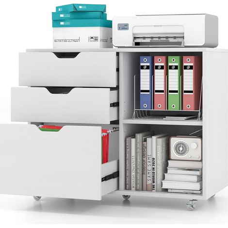 Costway – Caisson de bureau à roulettes 3 tiroirs – Étagère réglable 5 positions – Rangement dossiers A4 et lettre – 5 roues avec freins – 81 x 40 x 66,5 cm (blanc)