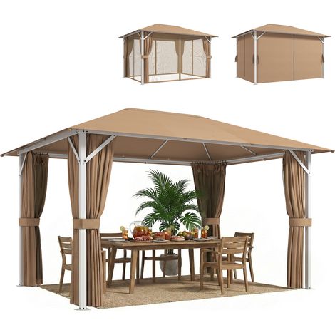 Outsunny cenador para jardín 3x4 m, con techo ventilado, 4 paredes laterales y 4 mosquiteras, upf50+, estructura de metal, para exterior, caqui