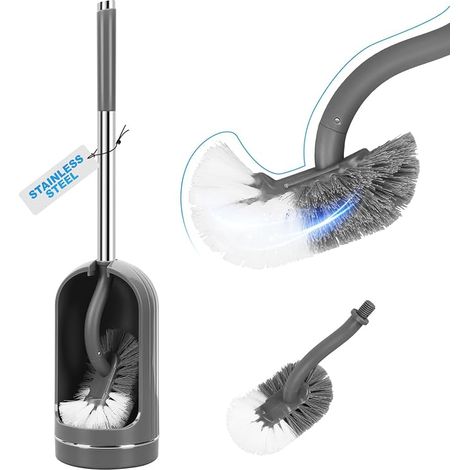 Ensemble brosse WC et support, brosse de nettoyage incurvée avec tête de brosse WC de rechange, brosse à toilettes et support (gris) (1/5)