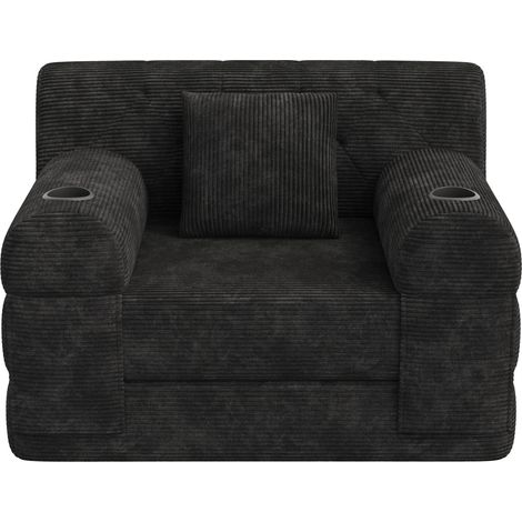 Divano letto singolo in velluto a coste nero, schienale alto, 2 portabicchieri e 4 tasche (1/5)
