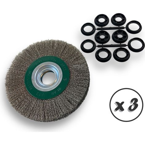 Lot de 3 brosses circulaires INOX  Ø 175 mm  Epaisseur 2 rangs  Fil souple 0.20 mm ondulé  Alésage 32 mm + réducteur bague 25/22/20/16/12 mm  Touret affûteuse ponceuse  Kibros 235177IVx3 (1/5)