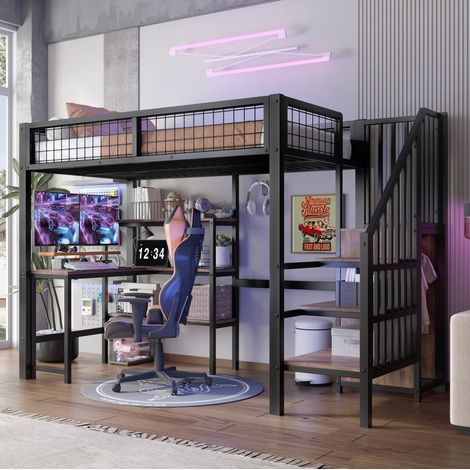 Lit mezzanine 90x200 cm en métal et MDF noir et marron, avec bureau, étagères et armoire intégrés (1/5)