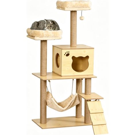 Árbol rascador para gatos multicapa con hamaca, cueva y postes de sisal 60 x 40 x 130 cm (1/5)