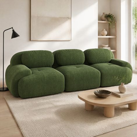 Canapé d’angle modulaire en tissu côtelé vert, sans montage, structure sans cadre (1/5)