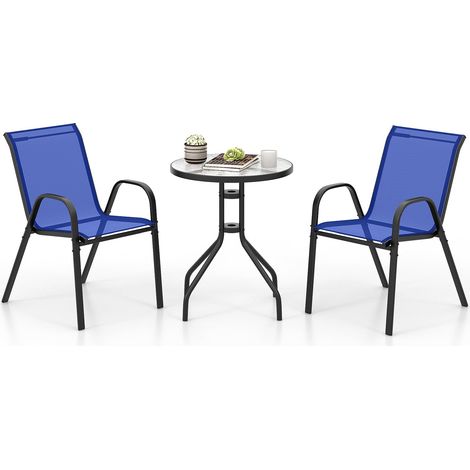 COSTWAY Set Mobili da Giardino 3 Pezzi, con Tavolo Rotondo in Vetro Temperato e 2 Sedie in Textilene Traspirante, per Esterno Balcone Giardino (Blu) (1/5)